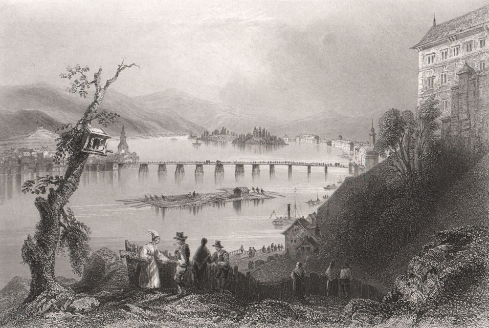 Bridge of Linz, Austria. Danube Donau. BARTLETT 1840 old antique print picture